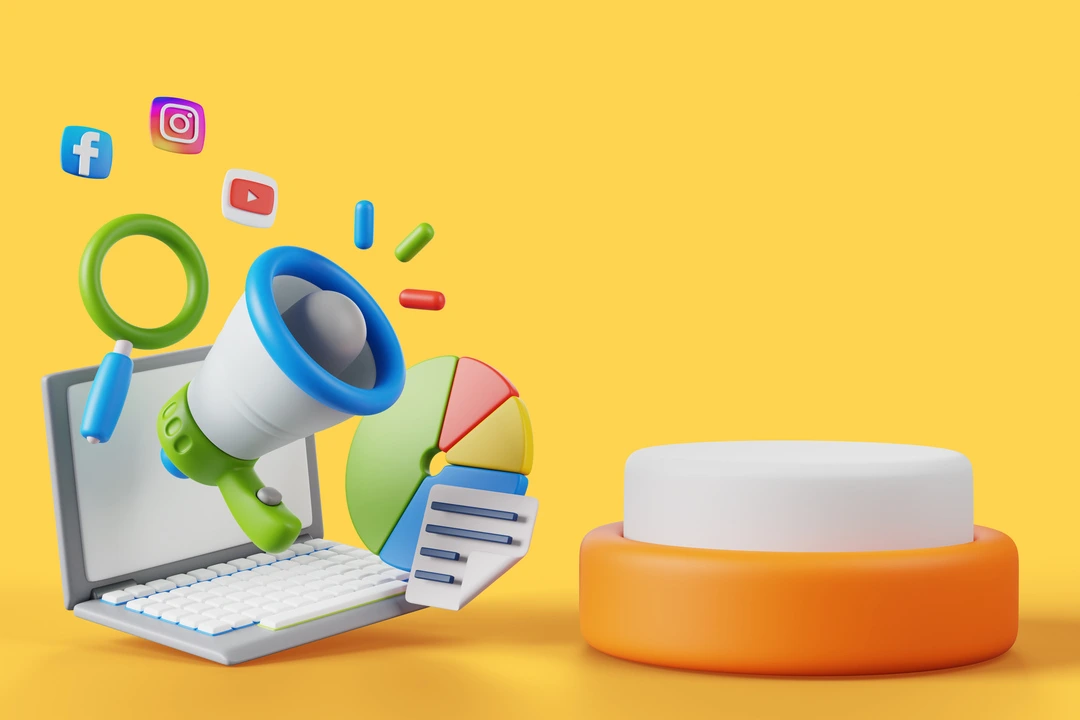 Icons for Facebook, Instagram, and YouTube emerging from a laptop, representing social media marketing.