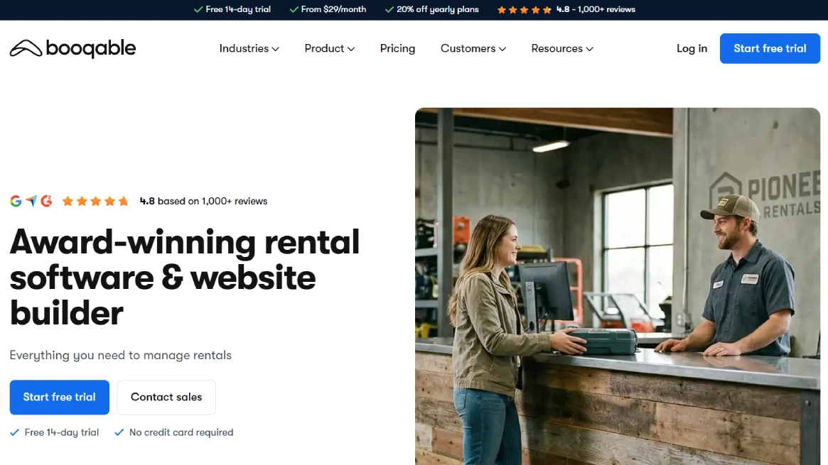 Booqable homepage showcasing medical equipment rental software and website builder features