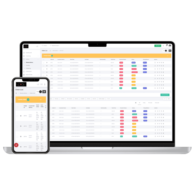 RentMy rental dashboard on a tablet showing live bookings