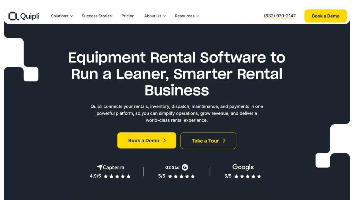 Quipli equipment rental software homepage