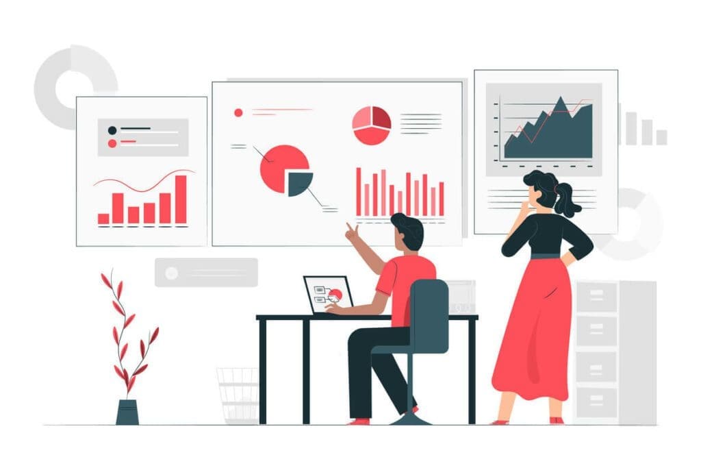 Team analyzing rental management analytics dashboard with comprehensive performance metrics and charts