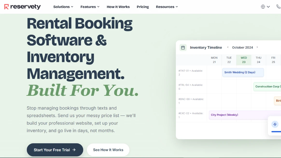 Screenshot of Reservety platform highlighting medical equipment rental software with calendar scheduling tools
