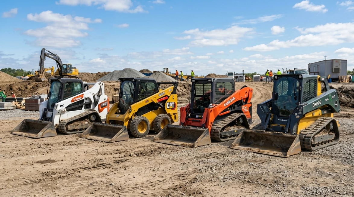 Skid steer rental business fleet with Bobcat, CAT, Kubota, and Deere loaders