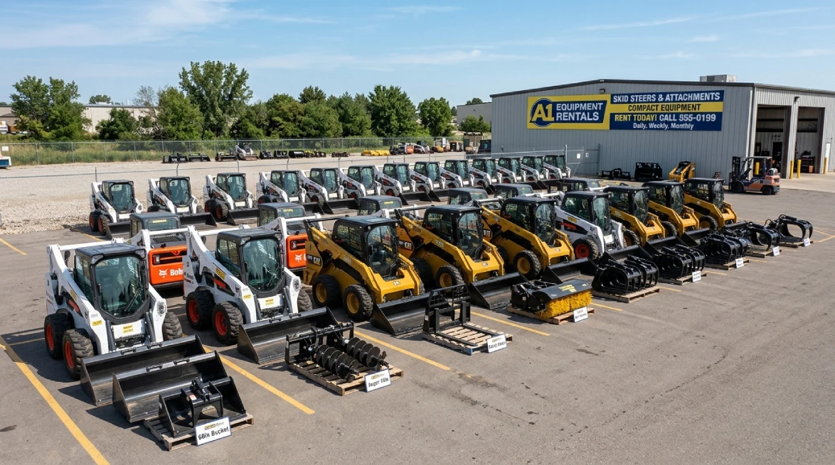 Skid steer rental business lot with loaders and attachments