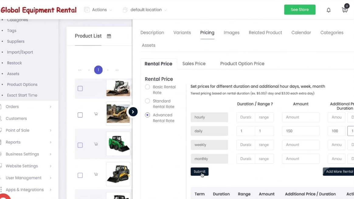 RentMy long-term rental discount setup for skid steer rental business