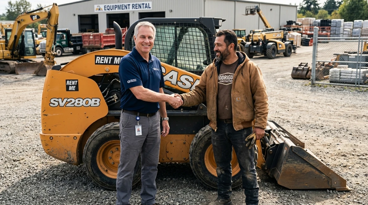 Skid steer rental business handshake agreement at equipment yard