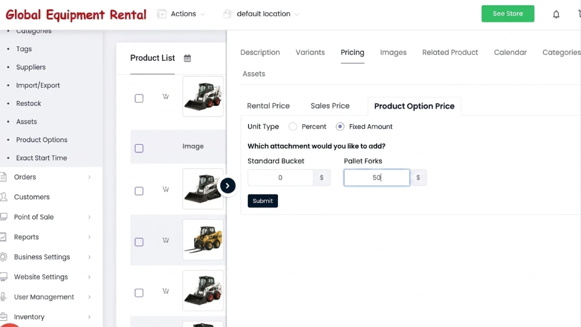 RentMy checkout screen upselling attachments for skid steer rental business