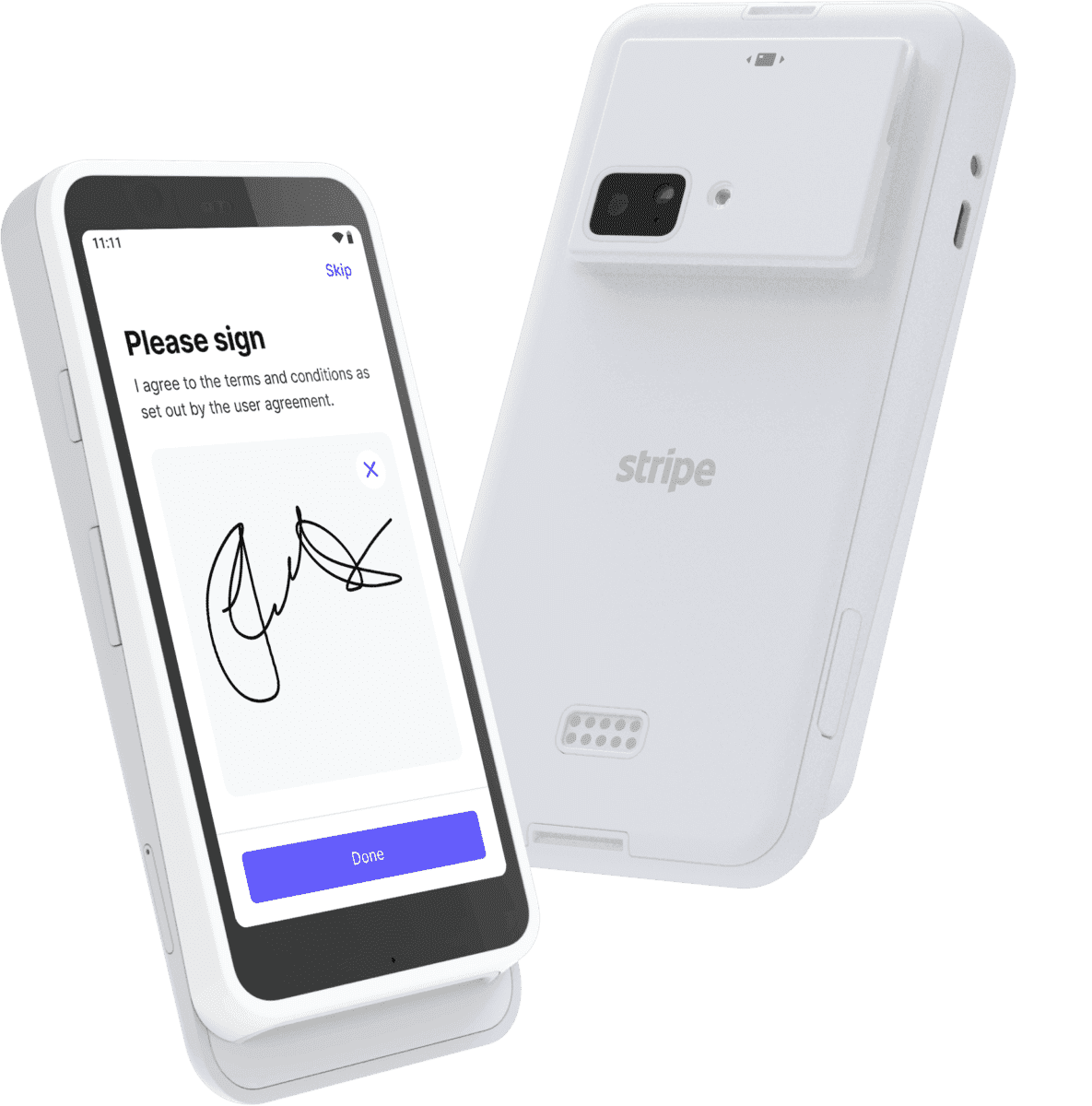 Phone signing a waiver beside a Stripe S700 card terminal